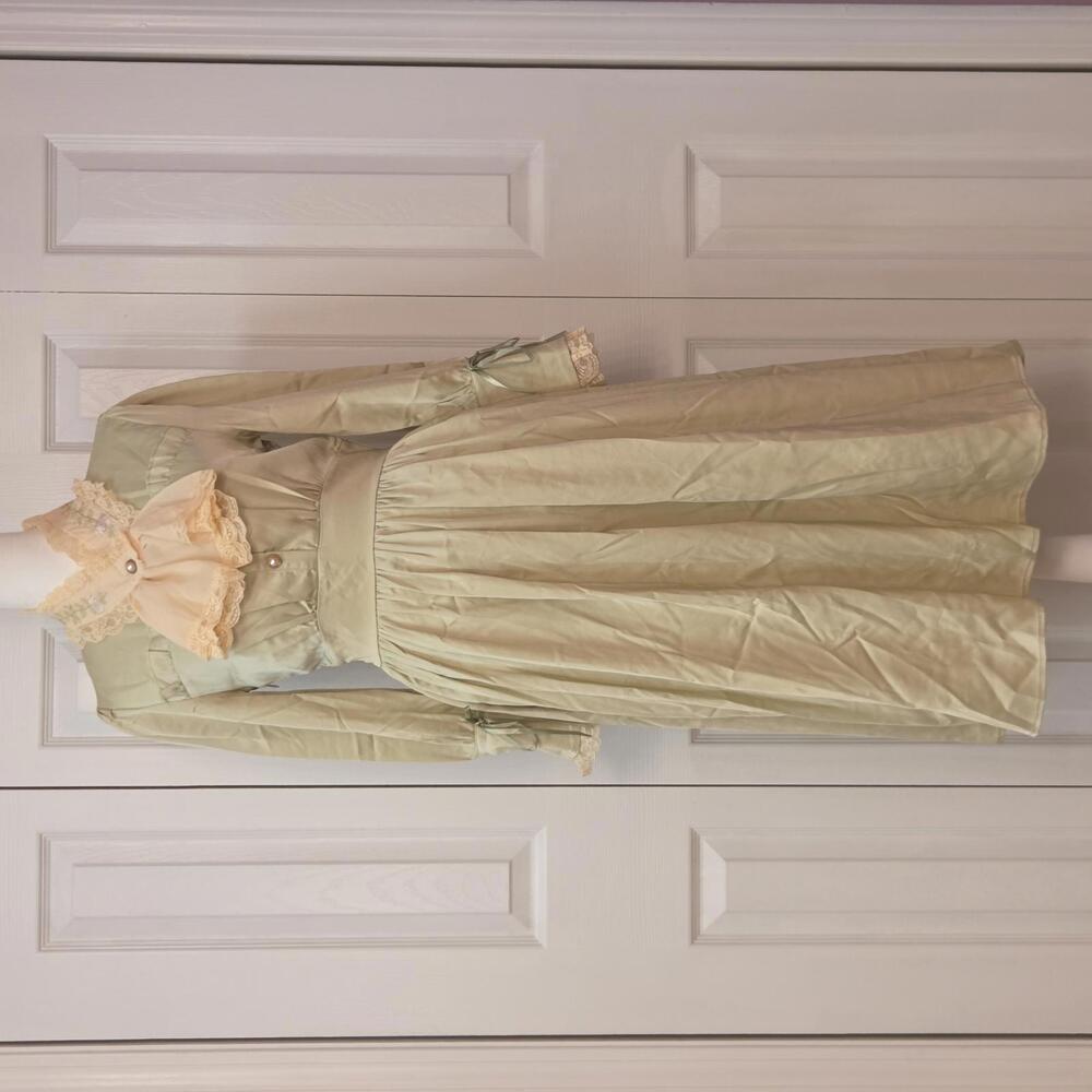 Romantic Edwardian Cottage Prairie Dress Lace Ruffle Pistachio Green Midi Sz XS